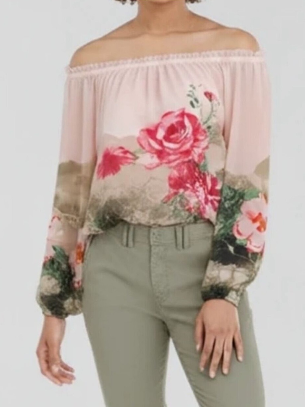 White House Black Market Pink Floral Off-Shoulder Blouse